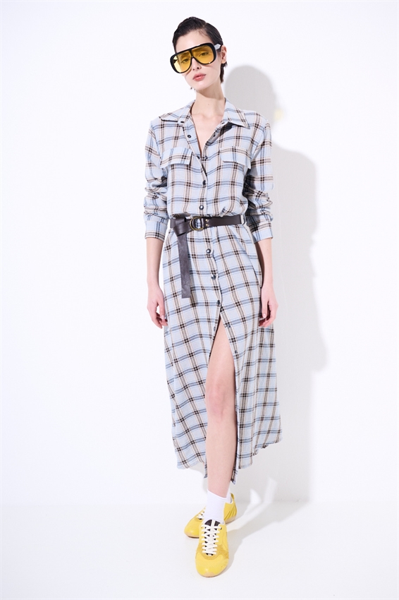 ABITO CHEMISIER A QUADRI CON CINTURA E BOTT.