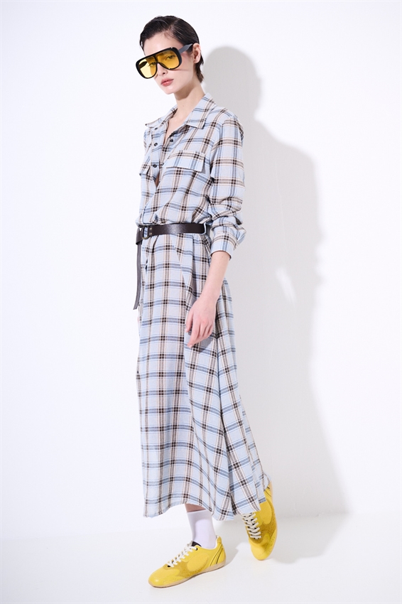 ABITO CHEMISIER A QUADRI CON CINTURA E BOTT.