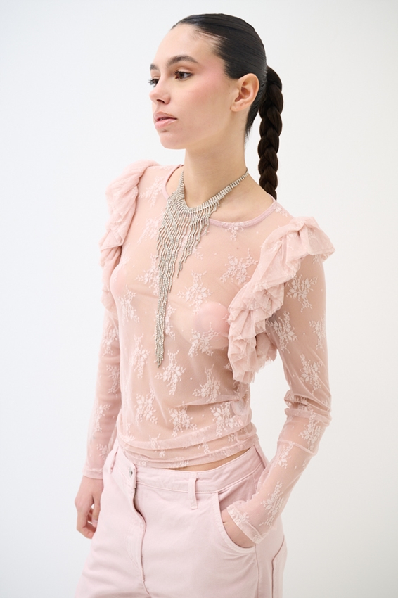 BLUSA PARICOLLO PIZZO CON DOPPIE ROUCHES