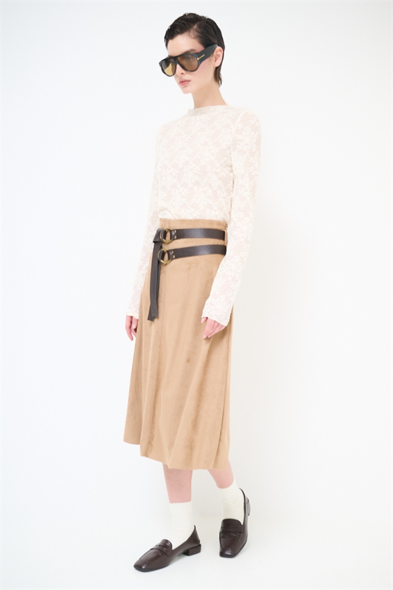 GONNA MIDI SVASATA SUEDE CON DOPPIA CINTURA