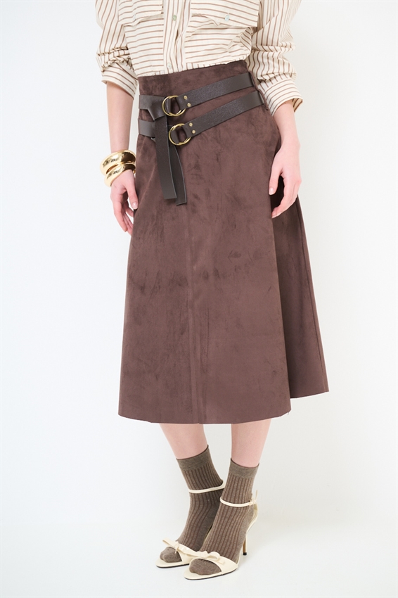 GONNA MIDI SVASATA SUEDE CON DOPPIA CINTURA