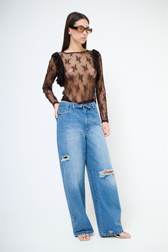 JEANS BAGGY CON RISVOLTO CINTURINO + ROTTURE