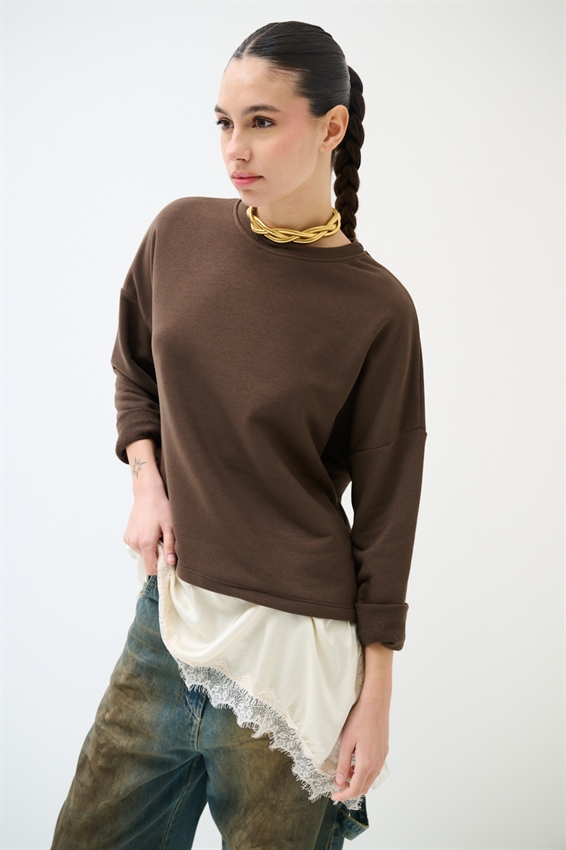 FELPA OVER CON RASO E PIZZO ASIMMETRICO