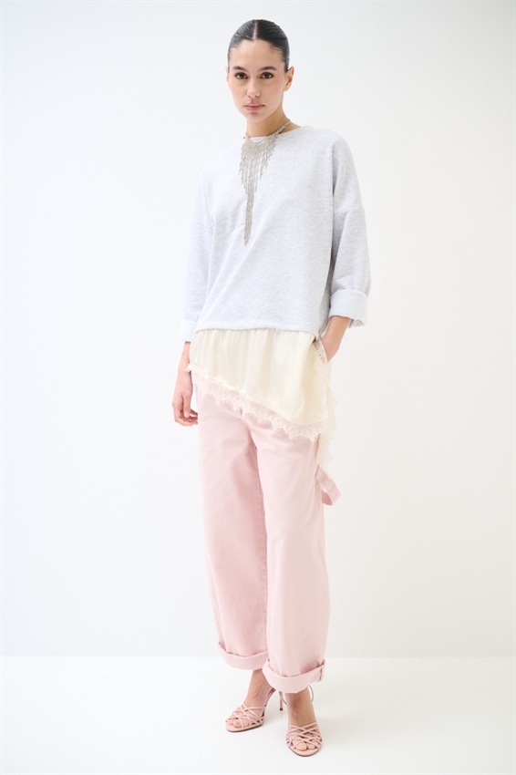 FELPA OVER CON RASO E PIZZO ASIMMETRICO