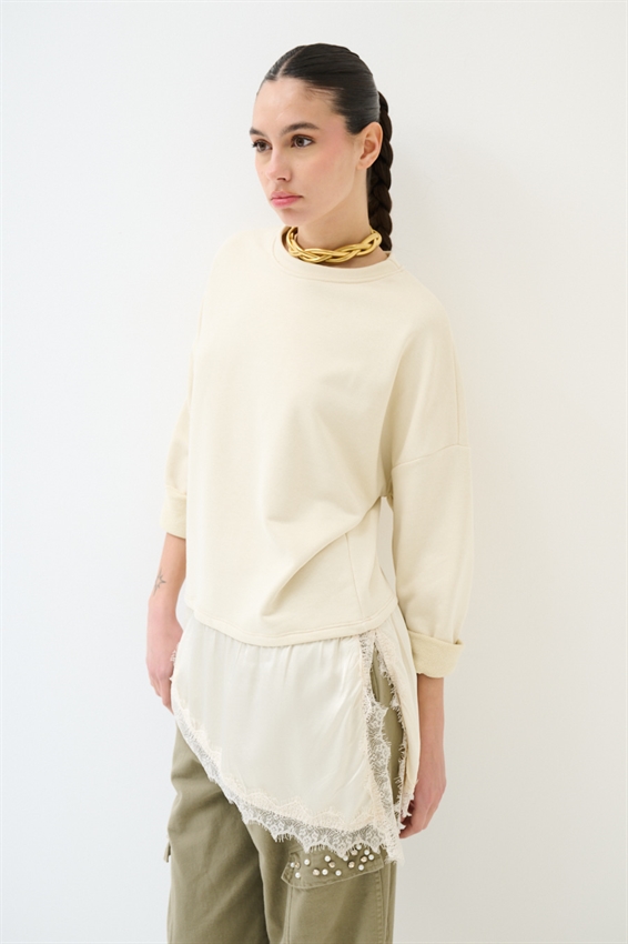 FELPA OVER CON RASO E PIZZO ASIMMETRICO