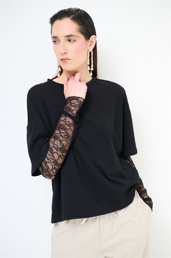 T-SHIRT OVER CON MANICHE IN PIZZO