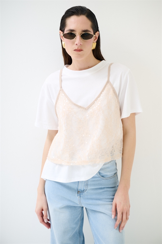 T-SHIRT IN COTONE CON TOP IN PIZZO