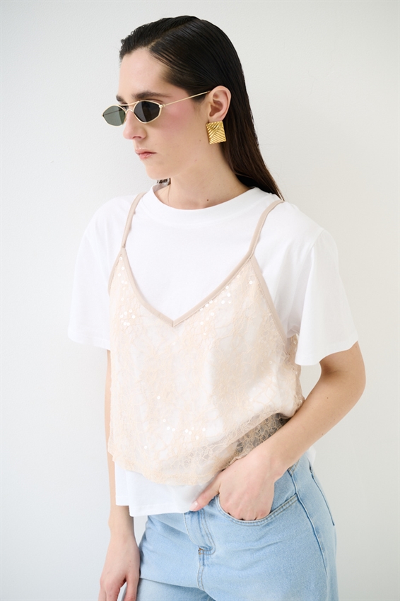 T-SHIRT IN COTONE CON TOP IN PIZZO