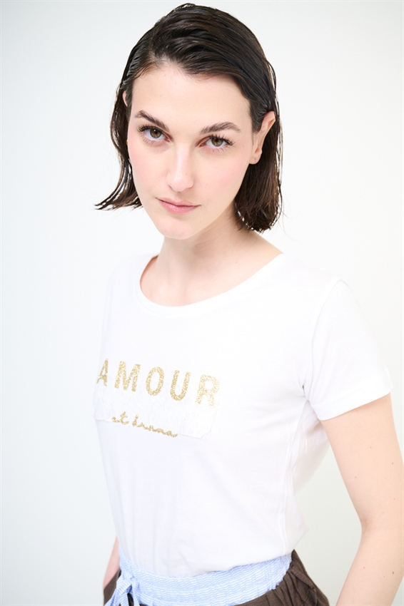 T-SHIRT BASIC STAMPA AMOUR GLITTER + PIZZO