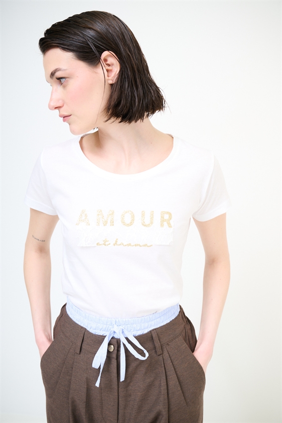T-SHIRT BASIC STAMPA AMOUR GLITTER + PIZZO