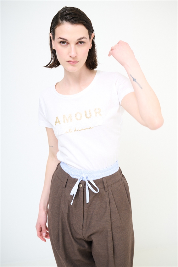 T-SHIRT BASIC STAMPA AMOUR GLITTER + PIZZO