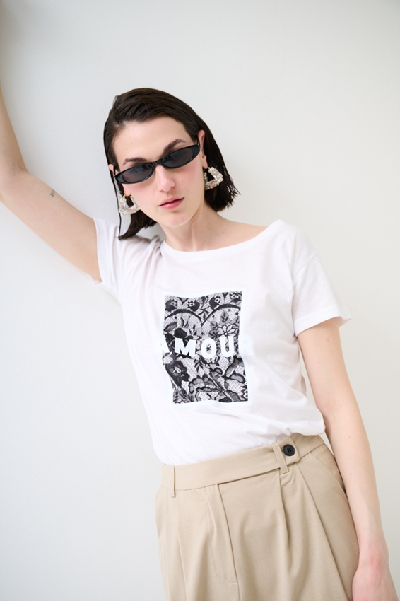 T-SHIRT BASIC STAMPA AMOUR GLITTER + PIZZO