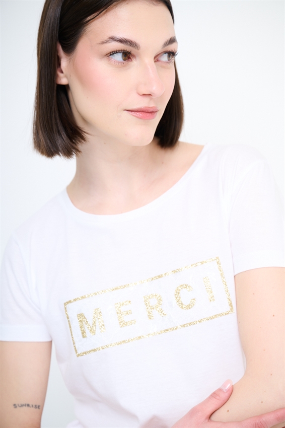 T-SHIRT BASIC CON STAMPA MERCI GLITTER + PIZZO