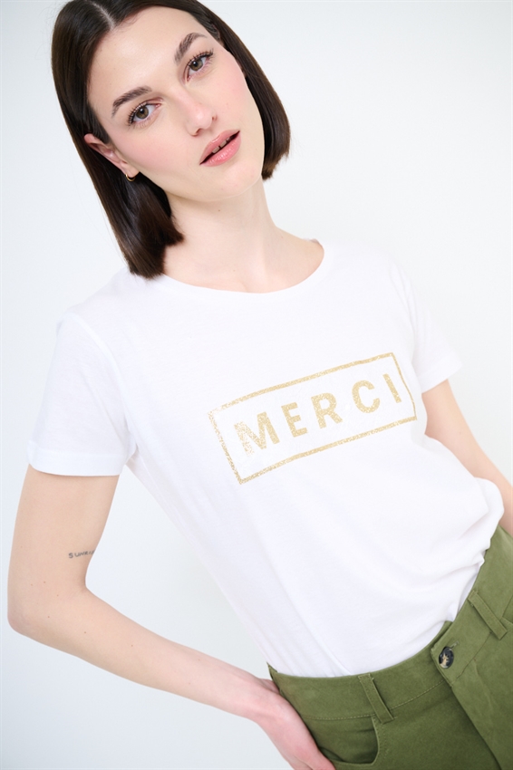T-SHIRT BASIC CON STAMPA MERCI GLITTER + PIZZO