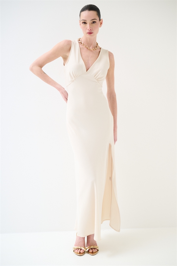 ABITO LUNGO SMANICATO CON SPACCO TESSUTO FLUIDO BURRO