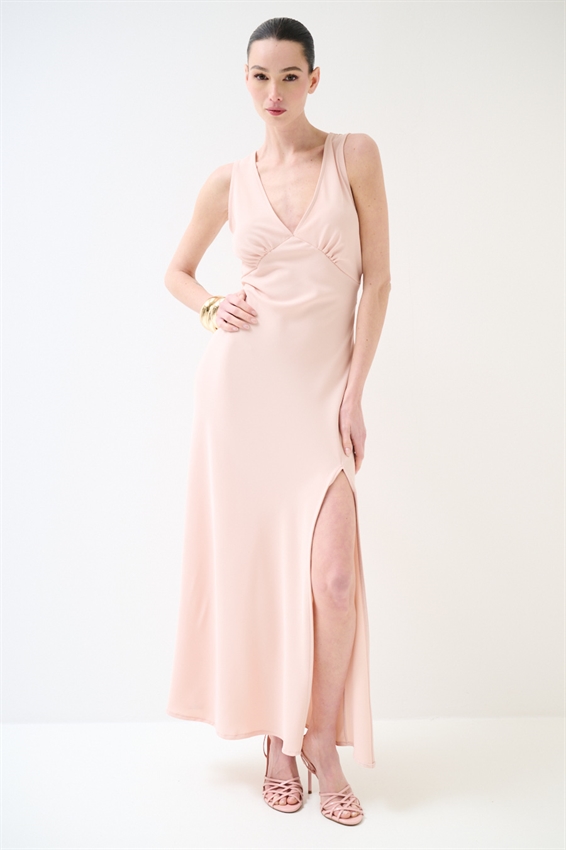 ABITO LUNGO SMANICATO CON SPACCO TESSUTO FLUIDO ROSA