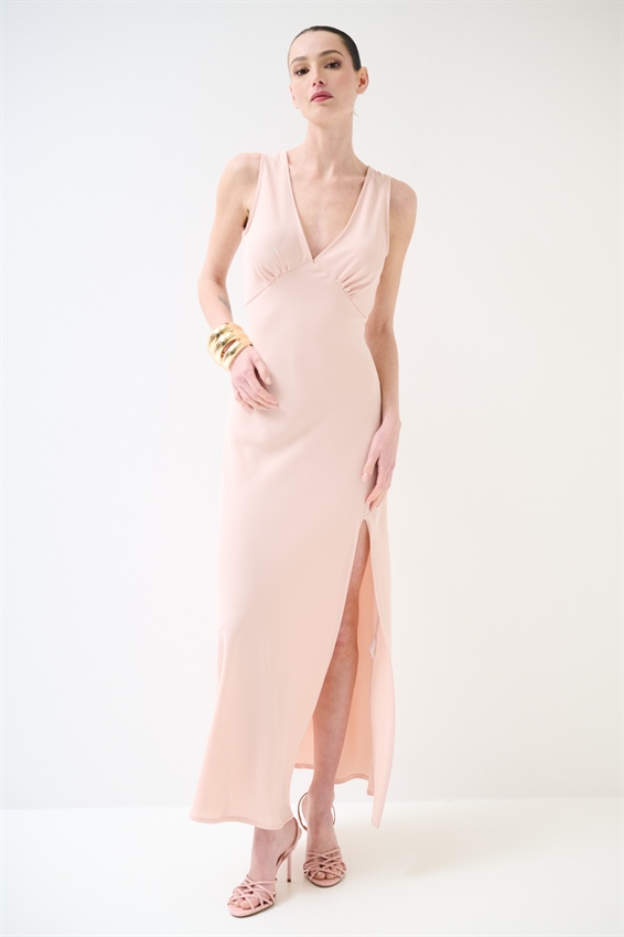 ABITO LUNGO SMANICATO CON SPACCO TESSUTO FLUIDO ROSA