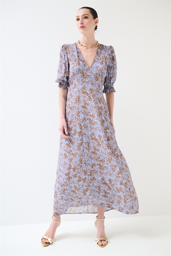 ABITO LUNGO CON STAMPA CELESTE/TABACCO