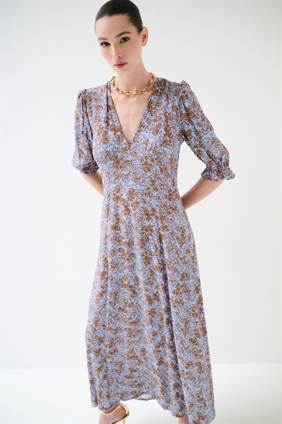 ABITO LUNGO CON STAMPA CELESTE/TABACCO