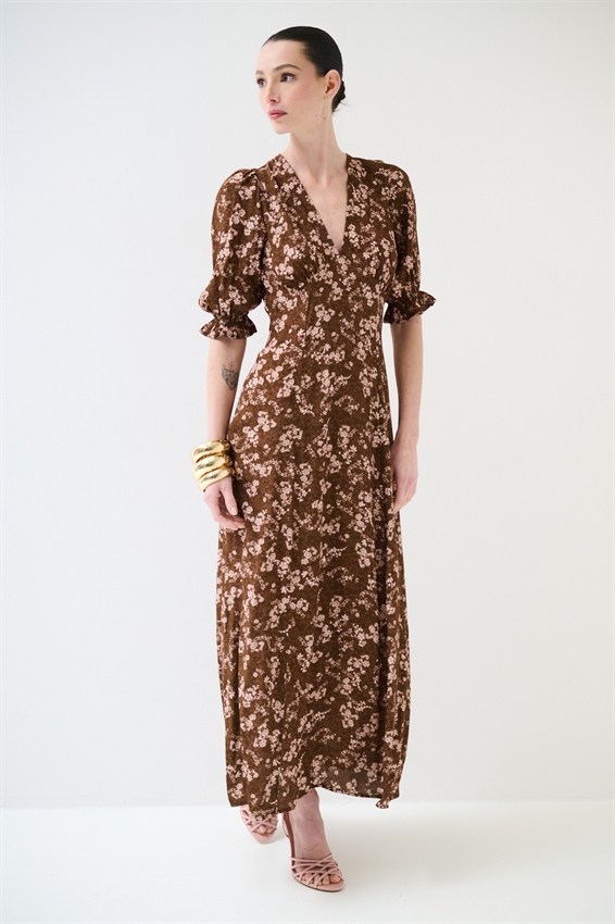 ABITO LUNGO CON STAMPA TABACCO/ROSA