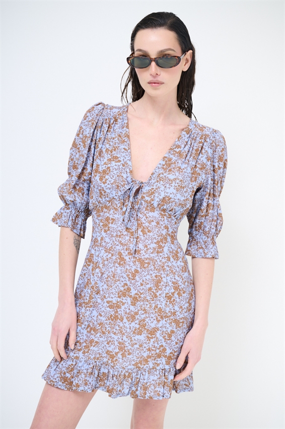 ABITO CORTO CON STAMPA E FIOCCO CELESTE/TABACCO