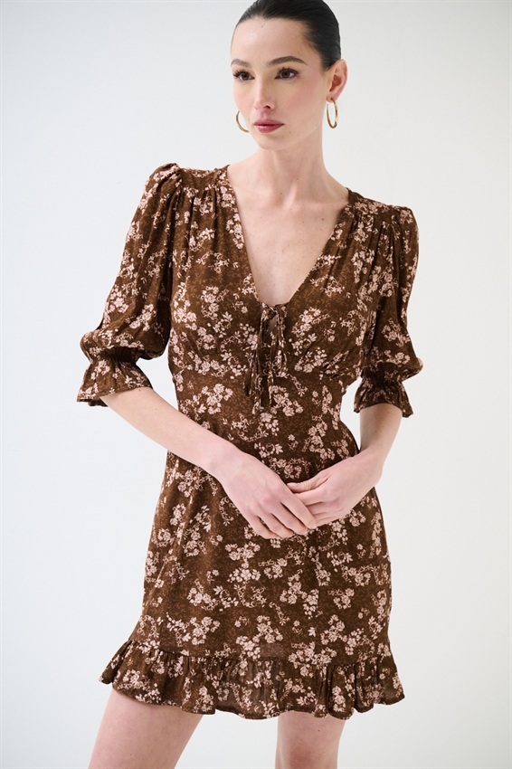 ABITO CORTO CON STAMPA E FIOCCO TABACCO/ROSA