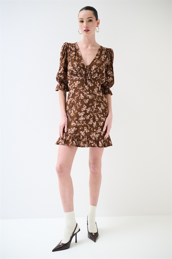 ABITO CORTO CON STAMPA E FIOCCO TABACCO/ROSA