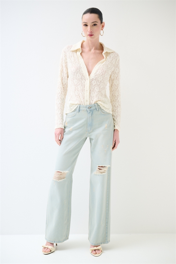 CAMICIA IN PIZZO ELASTICIZZATA PANNA