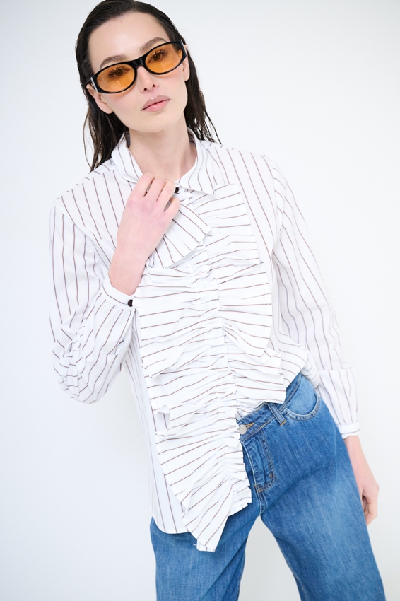 CAMICIA RIGATA CON MAXI VOLANT BIANCO