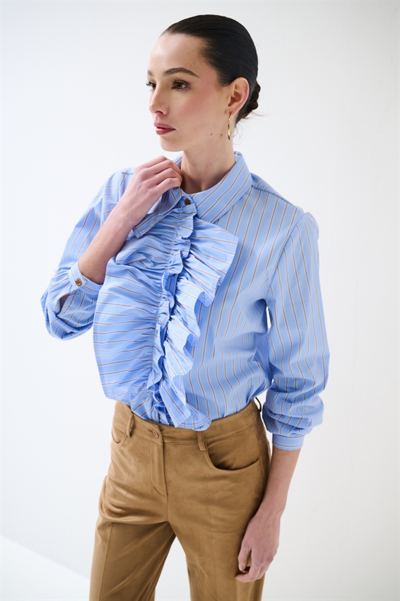 CAMICIA RIGATA CON MAXI VOLANT CELESTE