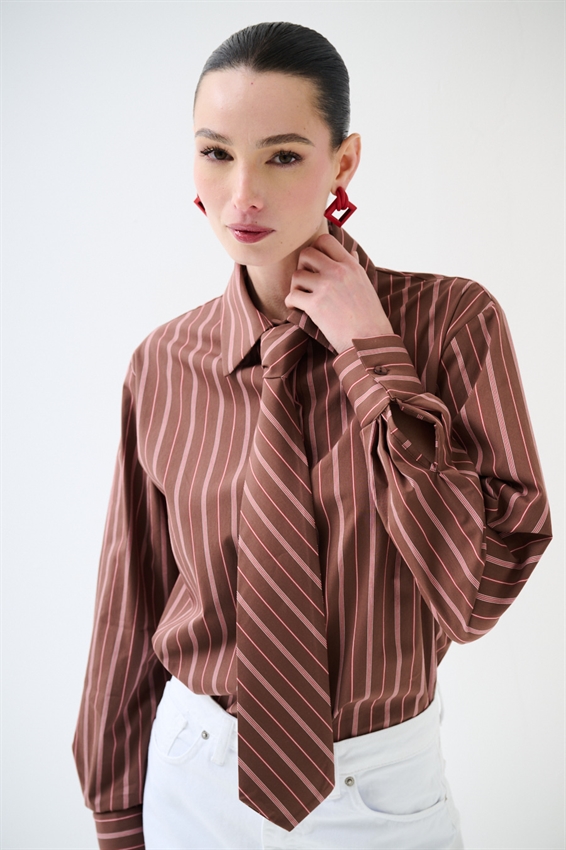 CAMICIA RIGATA CON CRAVATTA IN COTONE CIOCCOLATO