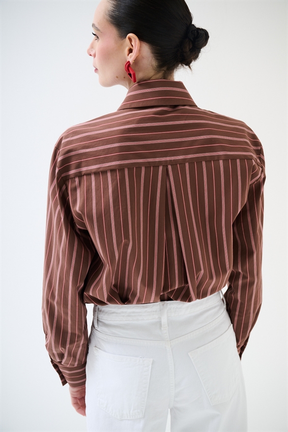 CAMICIA RIGATA CON CRAVATTA IN COTONE CIOCCOLATO