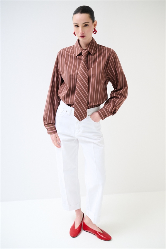 CAMICIA RIGATA CON CRAVATTA IN COTONE CIOCCOLATO