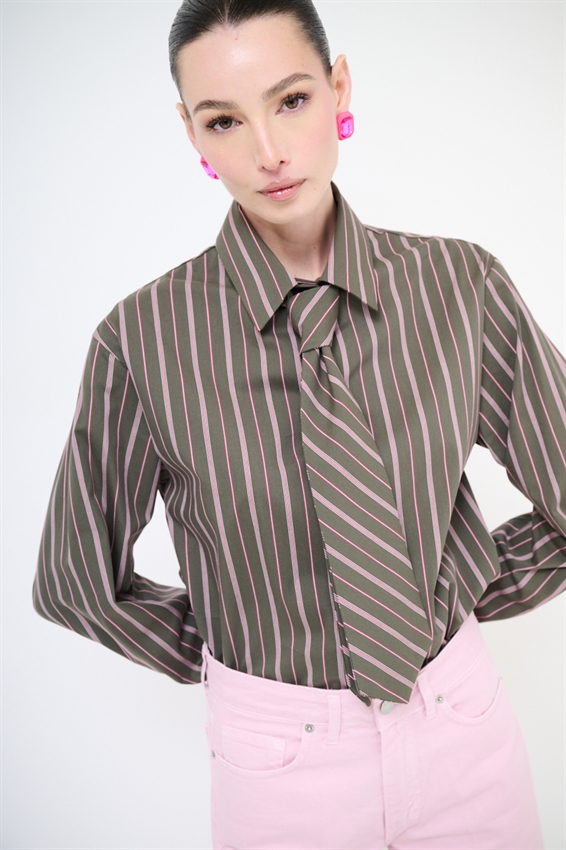 CAMICIA RIGATA CON CRAVATTA IN COTONE MORO