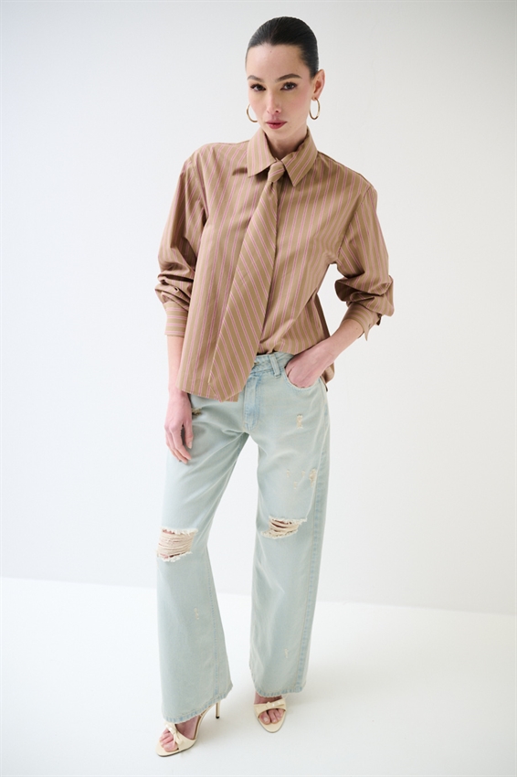 CAMICIA RIGATA CON CRAVATTA IN COTONE ROSSO