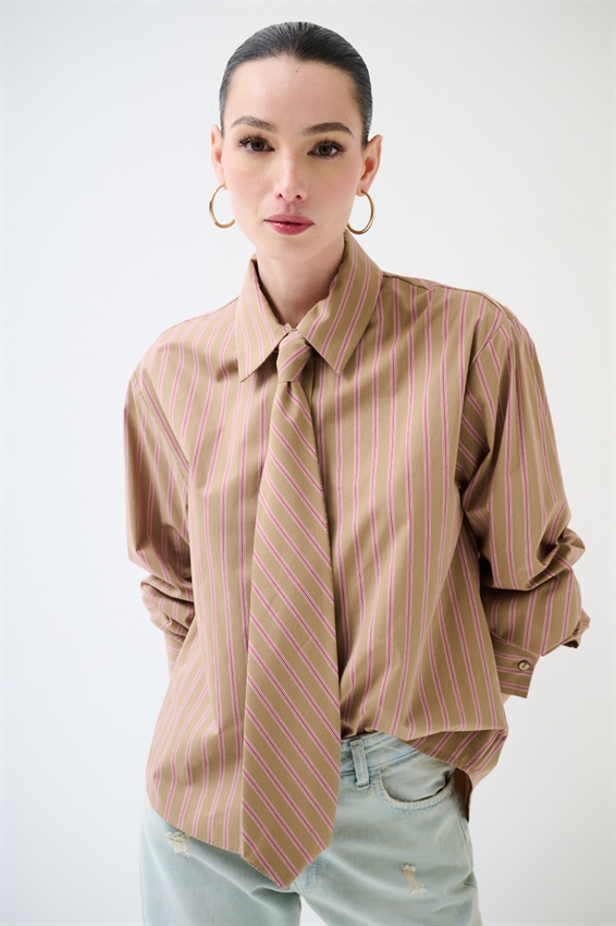 CAMICIA RIGATA CON CRAVATTA IN COTONE ROSSO