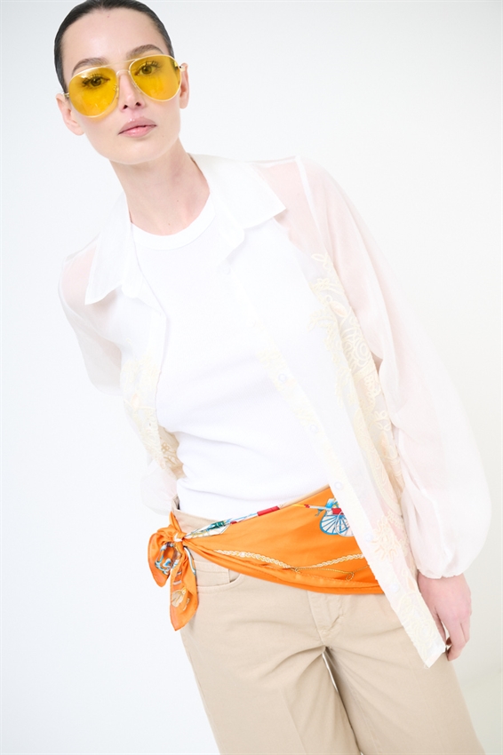 CAMICIA OVER CON RICAMO E NODO ECRU