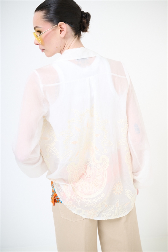 CAMICIA OVER CON RICAMO E NODO ECRU