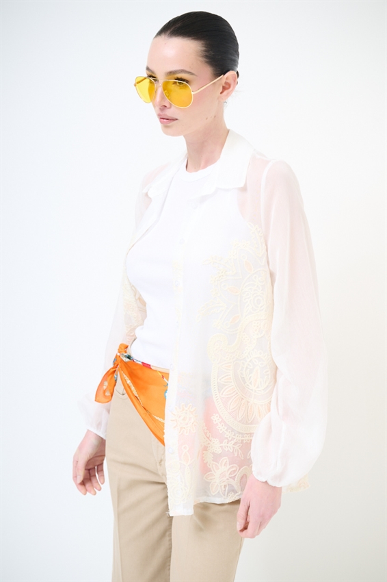 CAMICIA OVER CON RICAMO E NODO ECRU