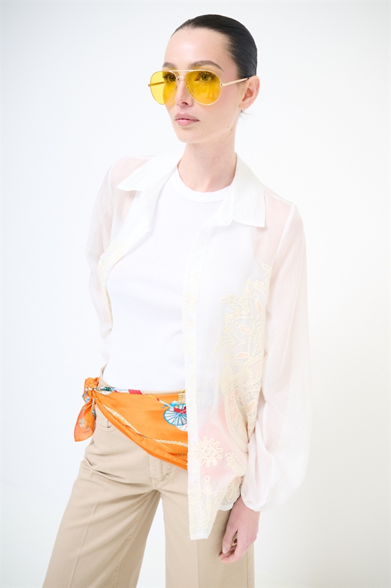 CAMICIA OVER CON RICAMO E NODO ECRU