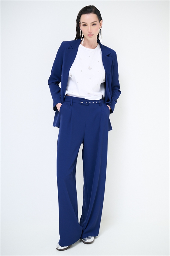 PANTAPALAZZO CON PINCES E CINTURA FODERATA BLU