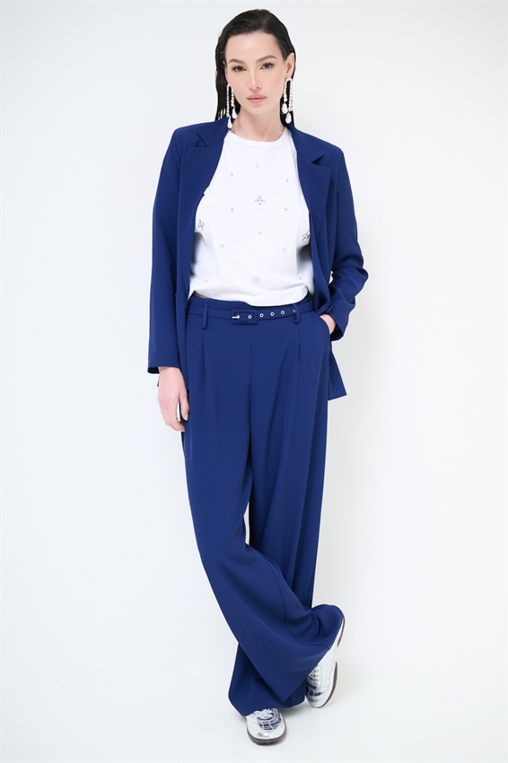 PANTAPALAZZO CON PINCES E CINTURA FODERATA BLU