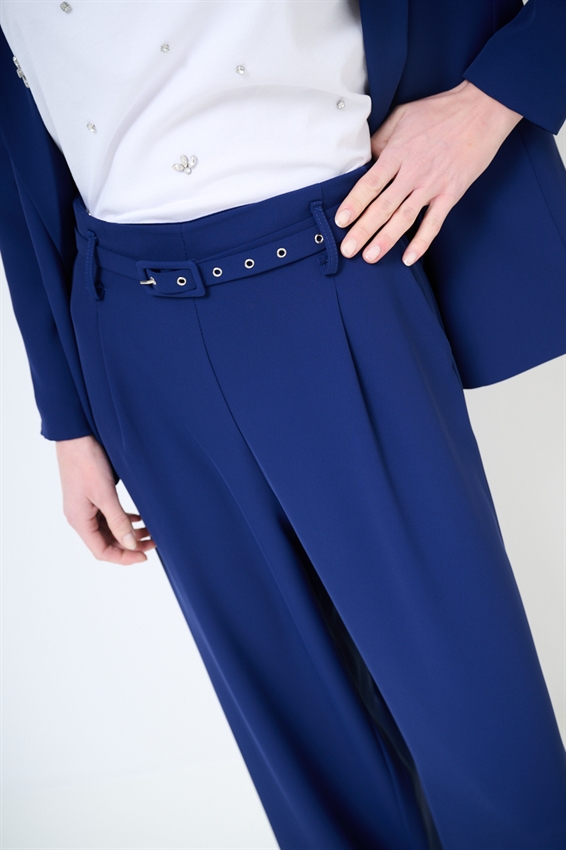 PANTAPALAZZO CON PINCES E CINTURA FODERATA BLU