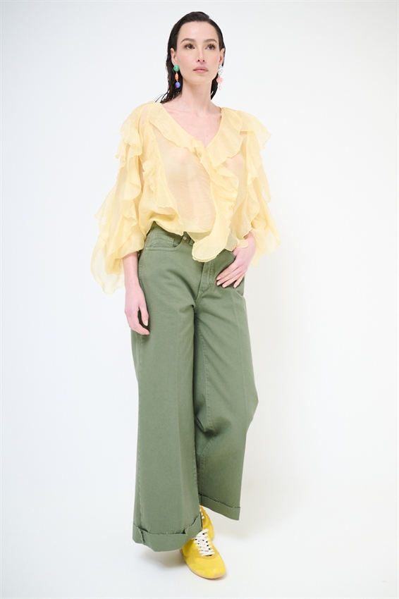 PANTAPALAZZO CON RISVOLTO E TAGLIO VIVO VERDE MILITARE