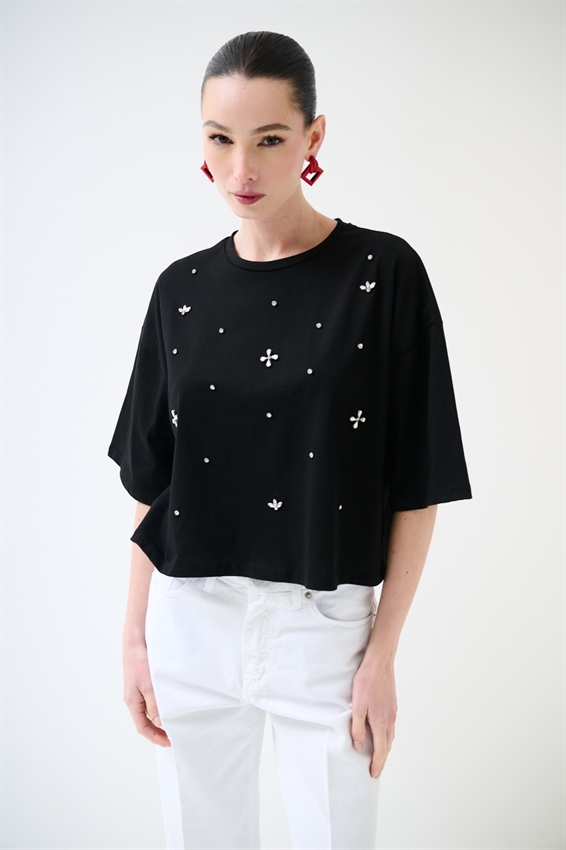 T-SHIRT CON APPLICAZIONE CASTONI NERO