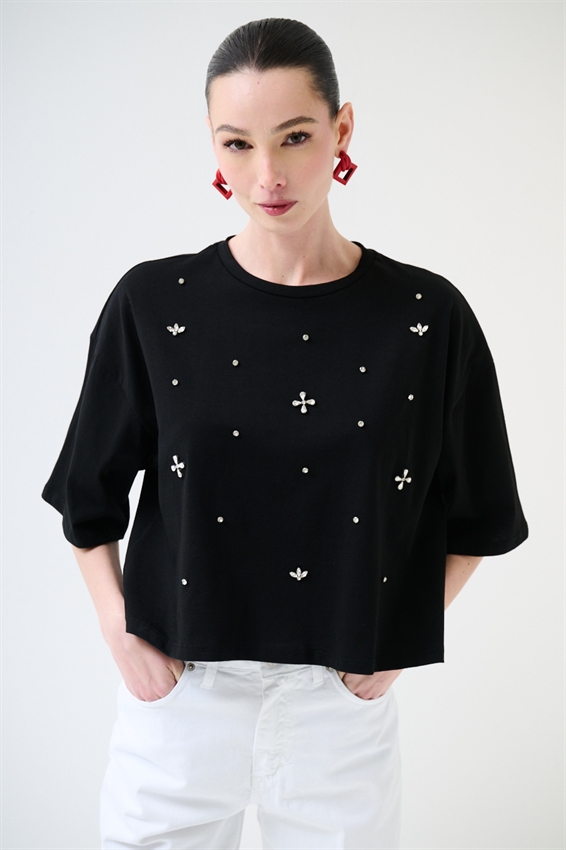 T-SHIRT CON APPLICAZIONE CASTONI NERO