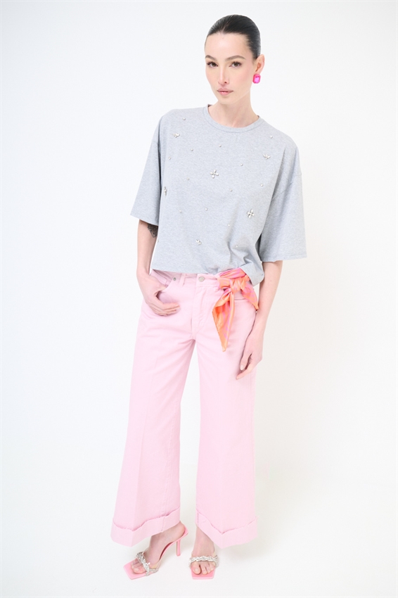 T-SHIRT CON APPLICAZIONE CASTONI GRIGIO CHIARO