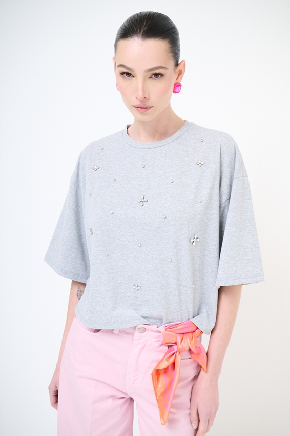 T-SHIRT CON APPLICAZIONE CASTONI GRIGIO CHIARO