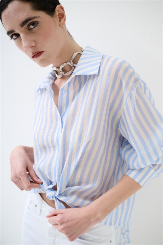 CAMICIA OVER A RIGHE PANNA/CELESTE