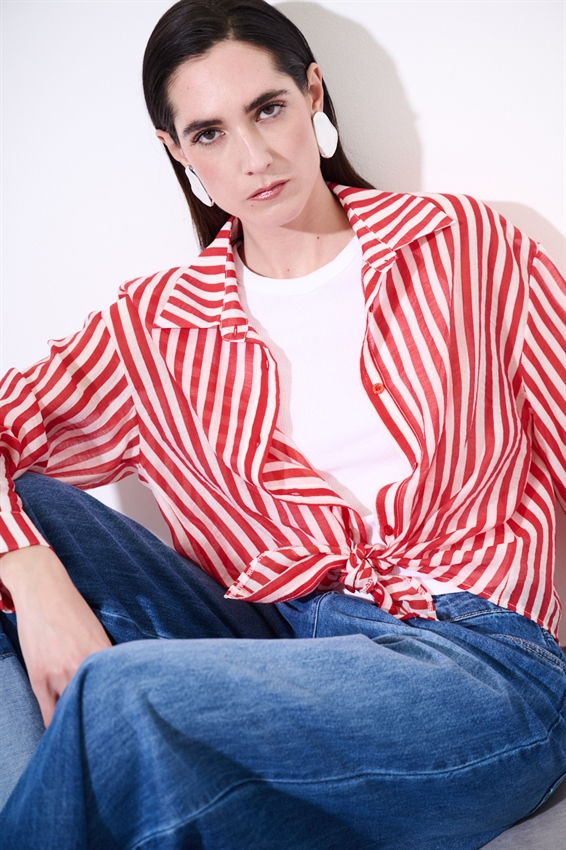 CAMICIA OVER A RIGHE ROSSO/PANNA